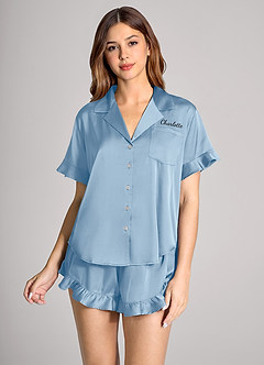 front Matching Color Personalized Embroidered Name Ruffled Short Sleeve Pajama Set