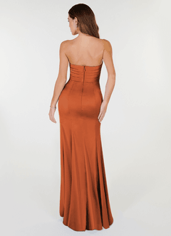 Azazie Yola Bridesmaid Dresses Cinnamon Sheath V-Neck Pleated Stretch Satin Convertible Dress image5