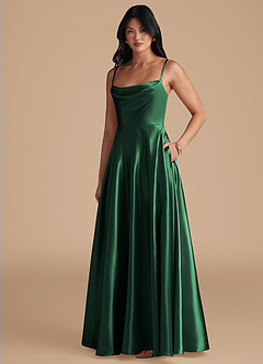 Azazie Elle Vestidos de damas de honor Vestido de Verde Oscuro de Satén Metálico de Corte en A con Con bolsillos image1