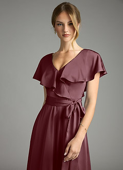 Azazie Lainey Bridesmaid Dresses Sangria A-Line with Pockets Stretch Satin Dress image6