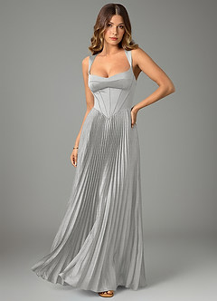Azazie Avenelle Bridesmaid Dresses Silver A-Line Corset Stretch Satin Dress image1