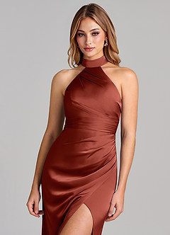 Azazie Karlotta Robes de demoiselle d'honneur Robe Fourreau en Satin extensible Plissée Terracotta image6