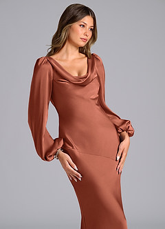 Azazie Rylina Bridesmaid Dresses Clay Mermaid Long Sleeve Stretch Satin Dress image6