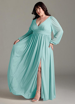 Azazie Norah Bridesmaid Dresses Aqua A-Line V-Neck Long Sleeve Chiffon Dress image10