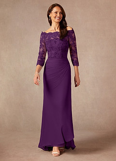 Azazie Rhonda Mother of the Bride Dresses Grape Mermaid Off the Shoulder Mesh Dress image3