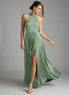 Azazie Zienna Venta Final Vestido de Matcha de Satén Elástico de Corte en A con Plisado image3