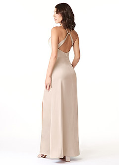 Azazie Geanna Brautjungfernkleider Etui V-Hals Gefaltet Stretch-Satin Kleid Alabaster Weiß image4