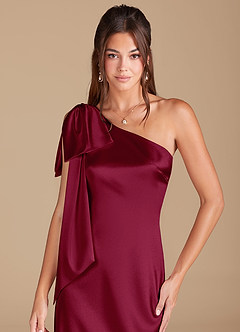 Azazie Capri Bridesmaid Dresses Burgundy Sheath One Shoulder Metallic Satin Dress image5