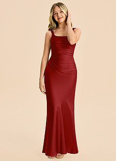 Azazie Agustina Junior Pomegranate Sheath Pleated Stretch Satin Dress image3
