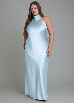 Azazie Velli At-home Try On Dresses Sky Blue Sheath High Neck Metallic Satin Dress image7