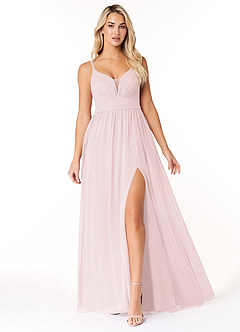 Azazie Rayna Robes de demoiselle d'honneur Robe Trapèze en Mousseline de soie Col V plissé Rose Pâle image1