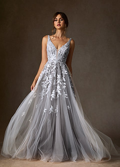 Azazie Sorella Wedding Dresses Diamond White Cocoa A-Line V-Neck Sequins Tulle Dress image1