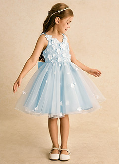 Azazie Junebug Flower Girl Dresses Ivory Sky Blue Ball-Gown Lace Tulle Dress image4