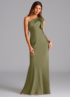 Azazie Yuanna Vestidos de damas de honor Vestido de Pistacho de Satén Elástico de Corte Sirena con Hombro unilateral image3
