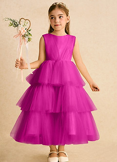 Azazie Marshmallow Jurken voor bloemenmeisjes Baljurk Jurk van Tule Boog Fuchsia image6