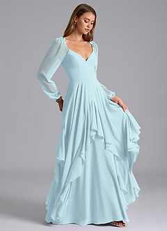 Azazie Karan Bridesmaid Dresses Cloud Blue A-Line Long Sleeve Chiffon Dress image4