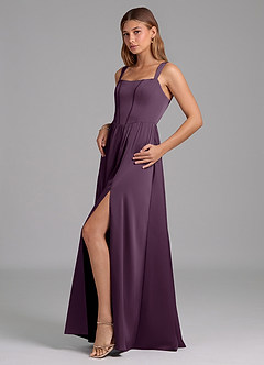 Azazie Rosaline Robes de demoiselle d'honneur Robe Trapèze en Satin extensible Fente Latérale Prune image5