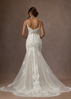 Azazie Camlynn Wedding Dresses Diamond White Champagne Mermaid V-Neck Sequins Tulle Dress image2