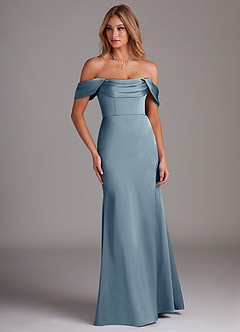 Azazie Saige Bridesmaid Dresses Dusty Blue Sheath Off the Shoulder Stretch Satin Dress image4