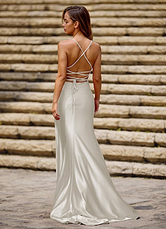 Luminous White Spaghetti Straps Stretch Satin Open Back Prom Dress image2