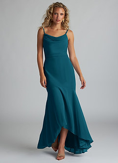 Azazie Summer Bridesmaid Dresses Ink Blue Mermaid Scoop Cowl Chiffon Dress image4