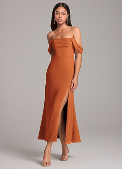 Azazie Saige Bridesmaid Dresses Cinnamon Sheath Off the Shoulder Chiffon Convertible Dress image3