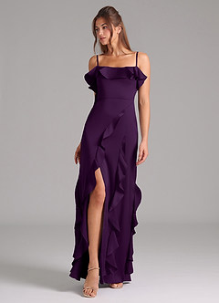Azazie Malia Bridesmaid Dresses Grape A-Line Side Slit Stretch Satin Dress image1