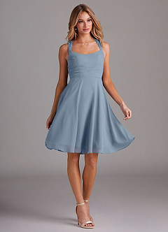 Azazie Vina Bridesmaid Dresses Dusty Blue A-Line Lace Chiffon Dress image5
