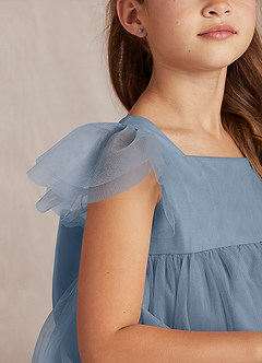Azazie Kalio Flower Girl Dresses Dusty Blue A-Line with Sleeves Tulle Dress image3