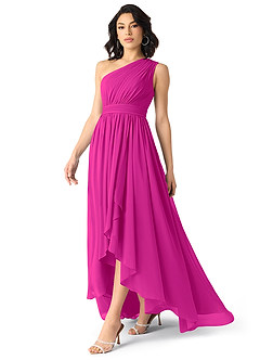 Azazie Mathilda Abiti da Damigella Abito A-Line in Chiffon Monospalla Fucsia image6