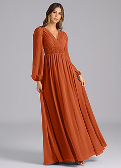 Azazie Palerma Bridesmaid Dresses Burnt Orange A-Line Long Sleeve Chiffon Dress image4