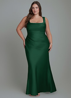 Azazie Agustina Vestidos de damas de honor Vestido Verde Oscuro de Satén Elástico de Corte Sirena con Corsé image7