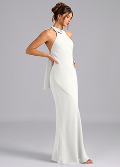 Azazie Velli Robes de demoiselle d'honneur Robe Sirène en Mousseline de soie Col Haut Blanc image4