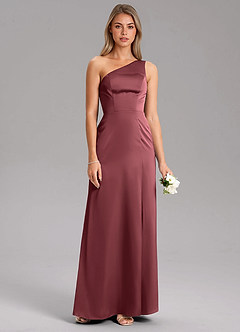 Azazie Feby Robes de demoiselle d'honneur Robe Trapèze en Satin extensible Ue épaule Merlot image7