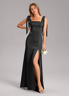 Azazie Frostine Bridesmaid Dresses Black A-Line Bow Stretch Satin Dress image1