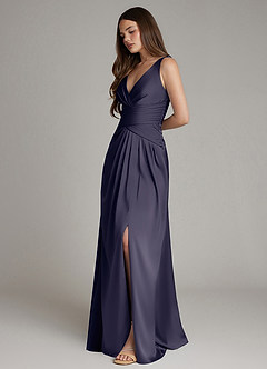 Azazie Pauline Robes de demoiselle d'honneur Robe Trapèze en Satin extensible Plissée Bleu Orageux image6