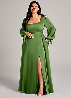 Azazie Leonia Bridesmaid Dresses Basil A-Line Long Sleeve Stretch Satin Dress image8