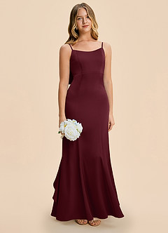 Azazie Lioren Junior Cabernet Sheath Bow Stretch Satin Dress image2