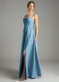 Azazie Elle Vestidos de damas de honor Vestido de Azul Acero de Satén Elástico de Corte en A con Plisado image3