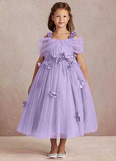 Azazie Shaylee Jurken voor bloemenmeisjes A-Lijn Jurk van Tule Off the Shoulder Lila image3