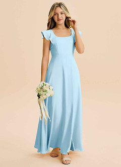 Azazie Bondi Junior Sky Blue A-Line Side Slit Stretch Satin Dress image4