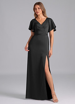 Azazie Ambrosia Bridesmaid Dresses Black A-Line Pleated Stretch Satin Dress image1