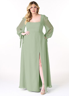 Azazie Leonia Bridesmaid Dresses Dusty Sage A-Line Long Sleeve Chiffon Dress image11