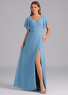 Azazie Ambrosia Bridesmaid Dresses Steel Blue A-Line Pleated Chiffon Dress image3