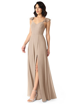 Azazie Everett Robes de demoiselle d'honneur Robe Trapèze en Mousseline de soie Col V froncé Taupe image7