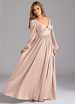 Azazie Norah Robes de demoiselle d'honneur Robe Trapèze en Satin extensible Rose Pâle image3