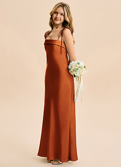 Azazie Willa Junior Vestido de Canela de Satén Elástico de Corte en A con Lazo image3