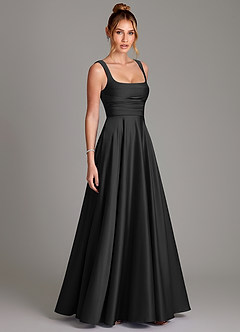 Azazie Azaria At-home Try On Dresses Black A-Line Corset Stretch Satin Dress image4