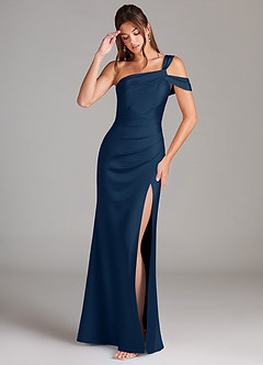 Azazie Wynter Bridesmaid Dresses Dark Navy Sheath Off the Shoulder Stretch Satin Dress image3