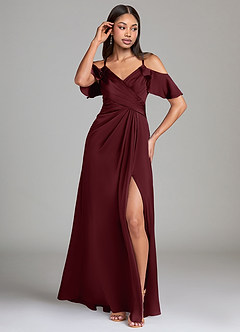 Azazie Dakota Bridesmaid Dresses Cabernet A-Line Off the Shoulder Stretch Satin Dress image4